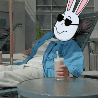Man In Sunglasses And Bunny Mask Holding Drink GIF