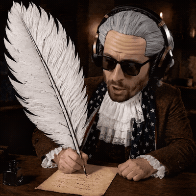 Man In Sunglasses And Headphones Writing With Feather Pen GIF