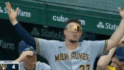 Man In Sunglasses And Milwaukee Jersey Arms Up GIF
