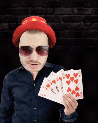 Man In Sunglasses And Red Hat Holding Four Playing Cards Including Ace Of Hearts GIF