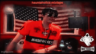Man In Sunglasses And Red Shirt Saying Hauntholics Mixtape Dancing In Front Of American Flag GIF