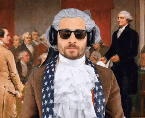 Man In Sunglasses And Wig In Front Of George Washington Painting GIF