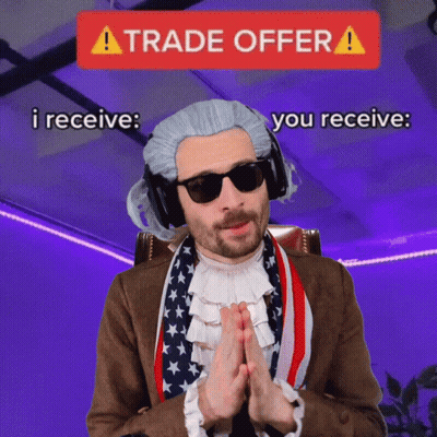 Man In Sunglasses And Wig In Front Of Trade Offer Sign GIF