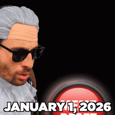 Man In Sunglasses And Wig Looking At Red Button Saying January 1, 2026 GIF
