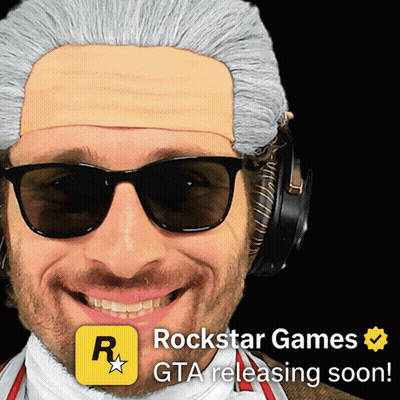 Man In Sunglasses And Wig With Rockstar Games Logo GIF