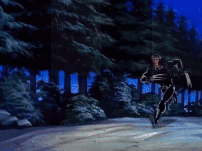 Man in Superhero Costume Running Through Snowy Forest