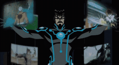Man In Superhero Costume Surrounded By Pictures GIF