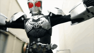 Man In Superhero Costume With Red Eyes GIF
