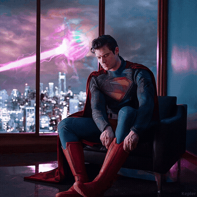 Man In Superman Costume Sitting On Chair GIF