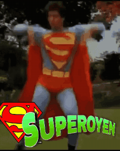 Man In Superman Costume With Superoyen Behind GIF