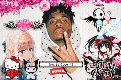 Man In Supreme Hoodie Surrounded By Anime Characters And Flowers GIF