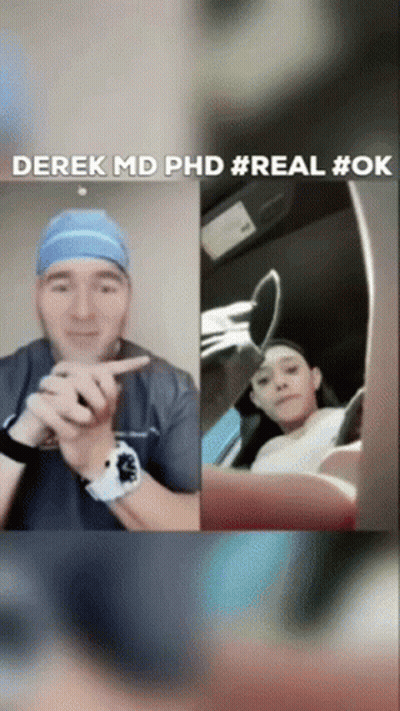 Man In Surgical Cap Pointing At Woman In Car GIF
