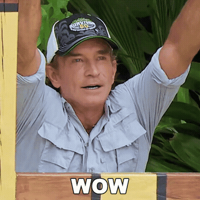 Man In Survivor 50 Hat Standing In Front Of Wow Sign GIF