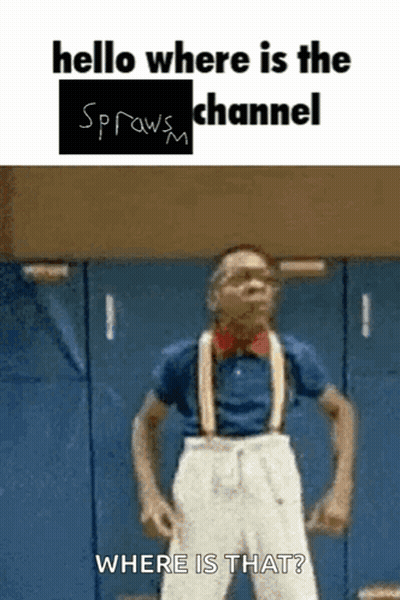 Man In Suspenders In Front Of Hello Where Is The Spraws Channel Sign GIF