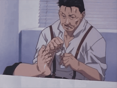 Man In Suspenders Scissors Over Womans Foot GIF