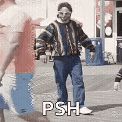 Man In Sweater And Sunglasses Dancing On Boardwalk GIF
