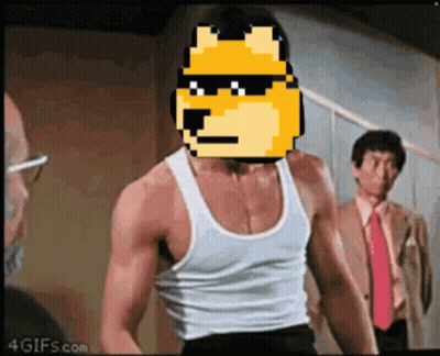 Man In Tank Top With Doge Face On Head GIF