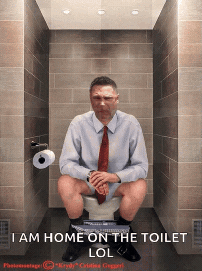 Man In Tie On Toilet Saying I Am Home On The Toilet Lol GIF