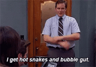 Man In Tie Says I Get Hot Snakes And Bubble Gut GIF