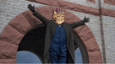 Man In Tiger Mask And Crown With Arms Outstretched GIF