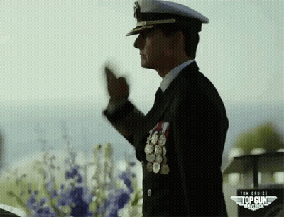 Man In Top Gun Uniform Standing Before Flowers GIF