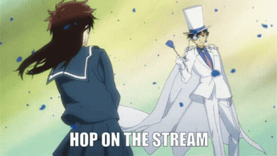 Man In Top Hat Next To Girl Saying Hop On The Stream GIF