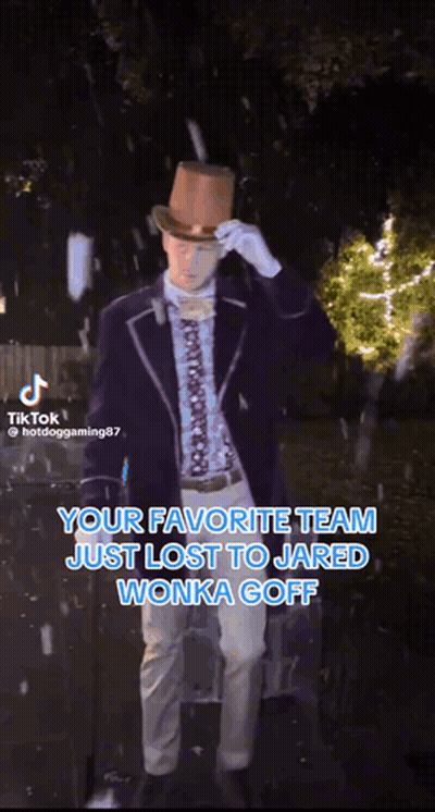 Man In Top Hat Standing In Rain Saying Your Favorite Team Just Lost To Jared Wonka Goff GIF