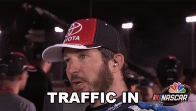Man In Toyota Hat Says Traffic In NASCAR Logo GIF
