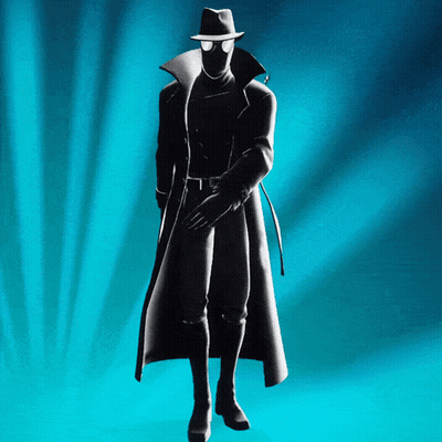 Man In Trench Coat And Hat Before Blue Curtain GIF