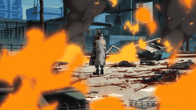 Man In Trench Coat In Destroyed City Surrounded By Fire GIF