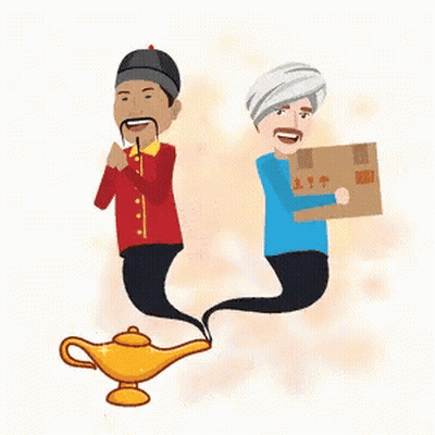 Man In Turban Holding Box While Another Man Comes Out Of Lamp GIF