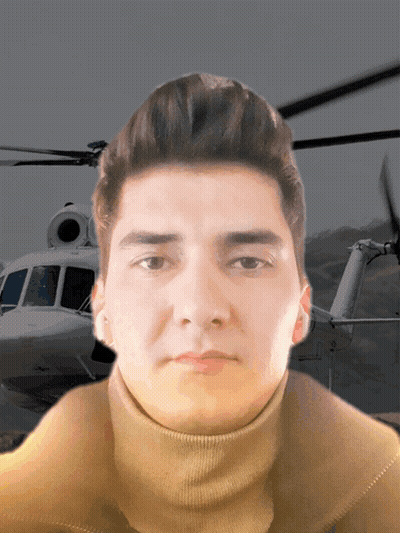 Man In Turtleneck Standing In Front Of Helicopter GIF