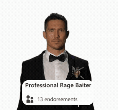 Man in Tuxedo Flexing Muscles in Front of Professional Rage Baiter Banner