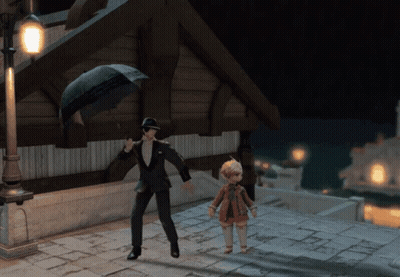 Man In Tuxedo Holding Umbrella Over Child GIF