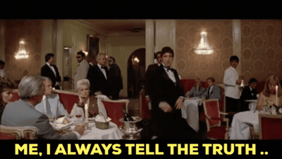 Hombre en esmoquin diciendo 'Yo siempre digo la verdad' GIF