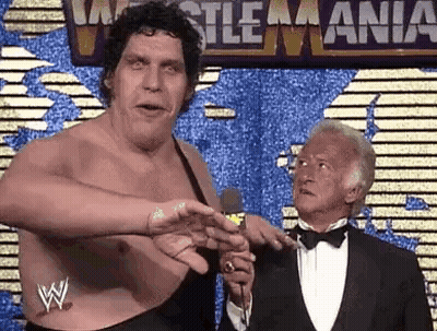 Man In Tuxedo Talking Into Microphone Beside Large Wrestler GIF