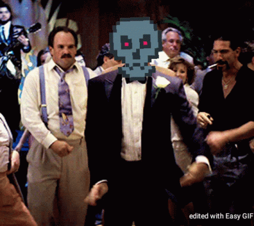 Man In Tuxedo With Pixelated Skull In Front Of Face GIF
