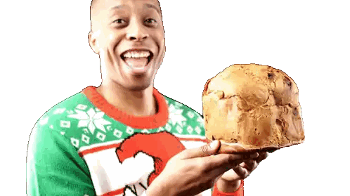 Man In Ugly Christmas Sweater Holding Bread Sticker