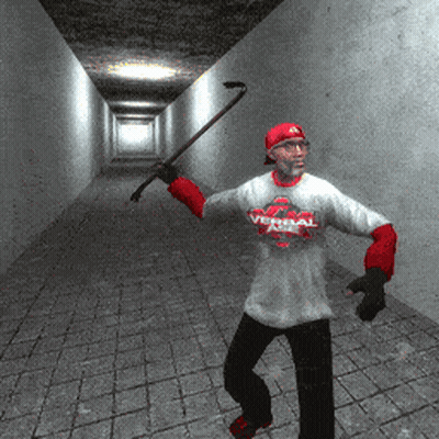 Man In Virtual T-Shirt Holding Cane In Hallway GIF