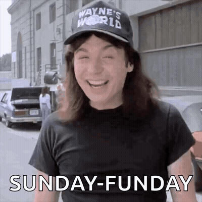 Man In Wayne's World Hat And Black Shirt Laughing Saying Sunday-Funday GIF