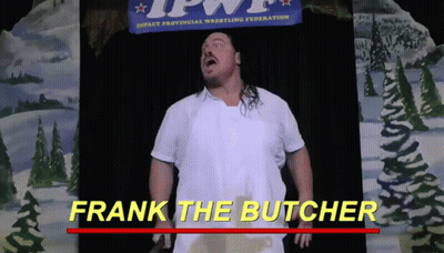 Man In White Apron Standing In Front Of Frank The Butcher Banner GIF