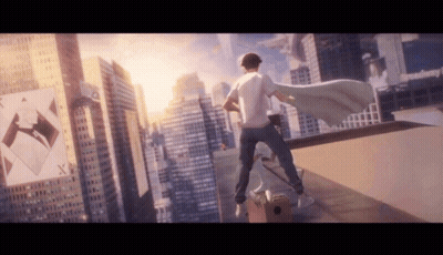 Man In White Cape On Rooftop With Broadway Sign GIF
