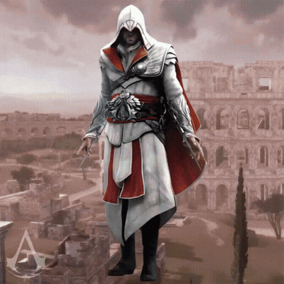 Man In White-Red Holding Knife Near A Building GIF