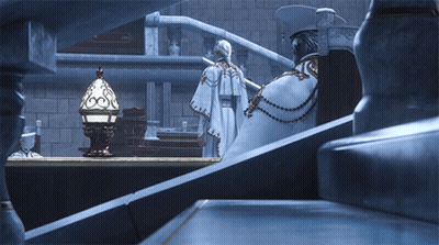 Man In White Robe Next To Woman In Cape GIF