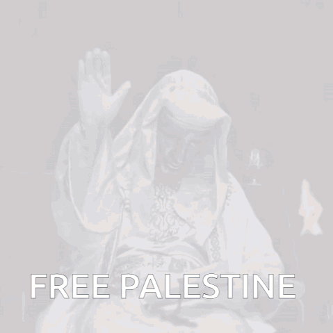 Man In White Robe Waving Hand With Free Palestine Text GIF