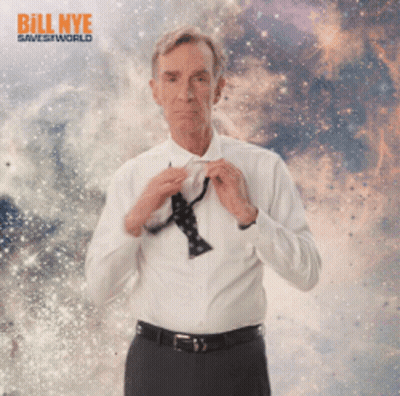 Man In White Shirt Adjusting Tie In Front Of Bill Nye Saves The World Logo GIF