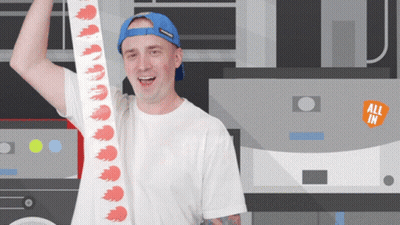 Man In White Shirt And Blue Hat Holding Ribbon Saying All In GIF
