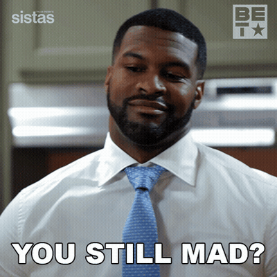 Man In White Shirt And Blue Tie Asking If Still Mad GIF