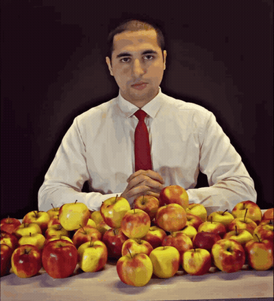 Man In White Shirt And Red Tie At Table With Apples GIF