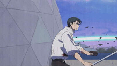 Man In White Shirt Facing Blue Beam GIF